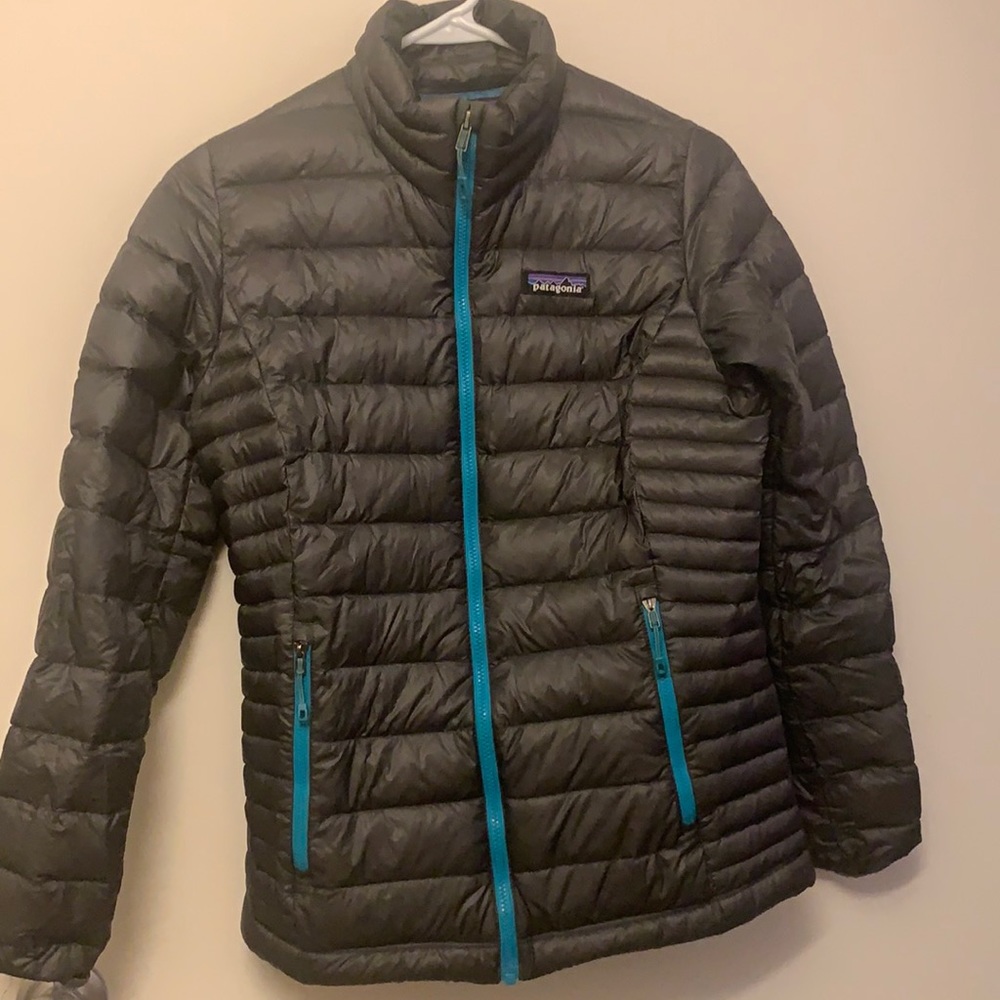 Patagonia light puffer down jacket, grey with blue interior, XS